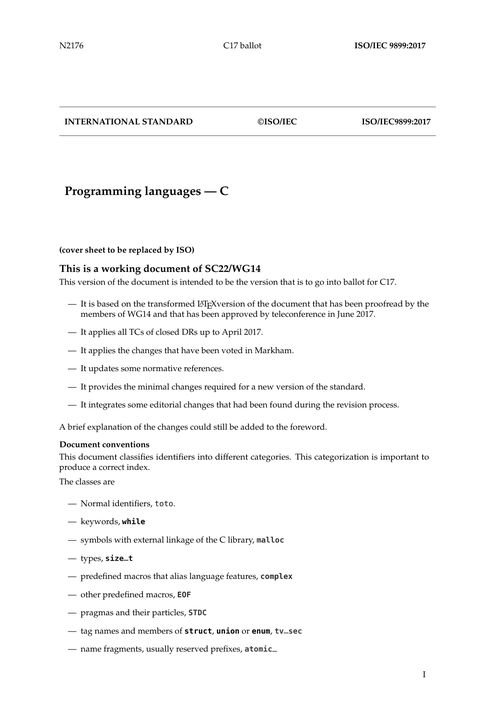 The Current C Programming Language Standard – ISO/IEC 9899:2018 (C17/C18), Draft